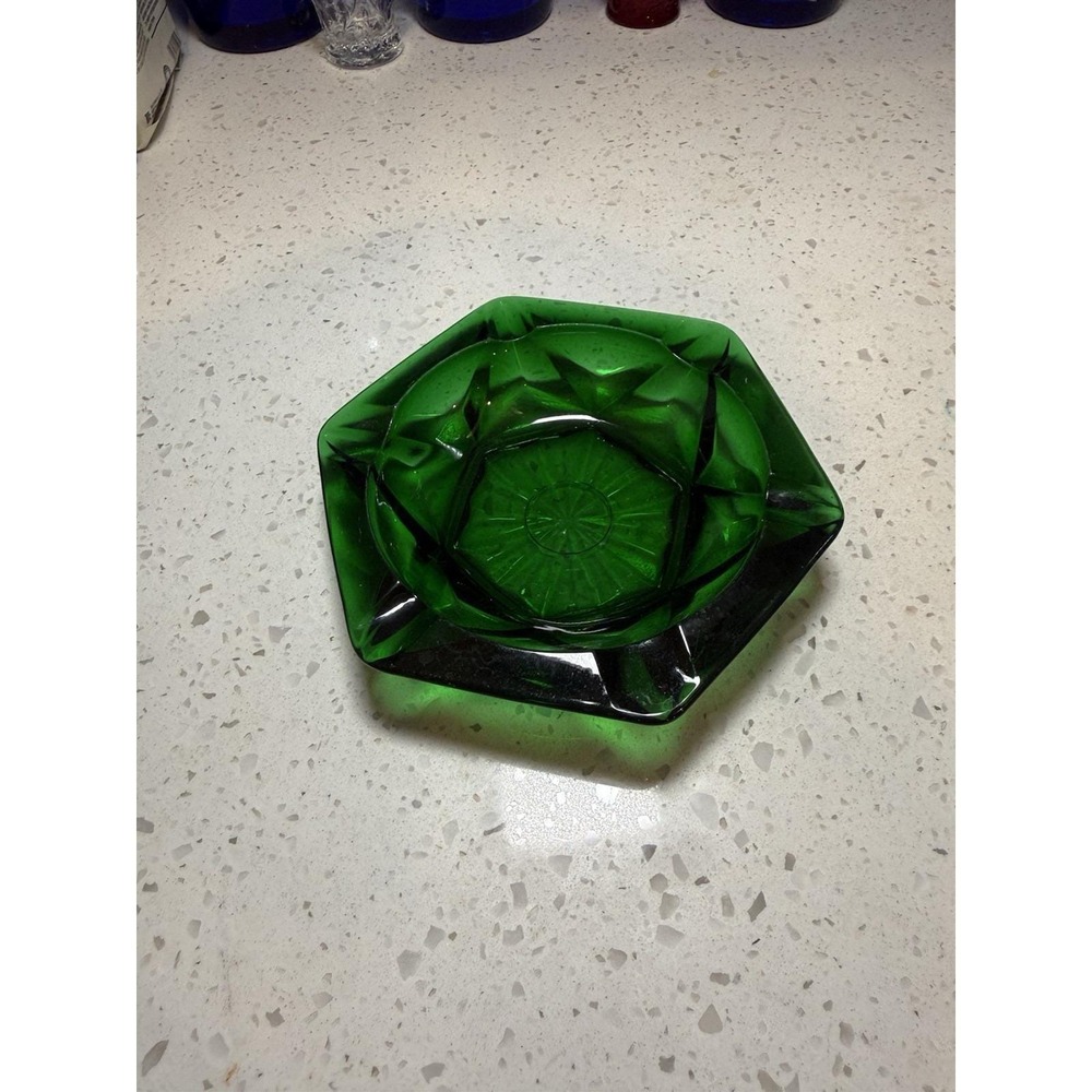 Anchor Hocking Forest Green 5 1/4" Hexagon Ash Tray Mid Century Depression Glass